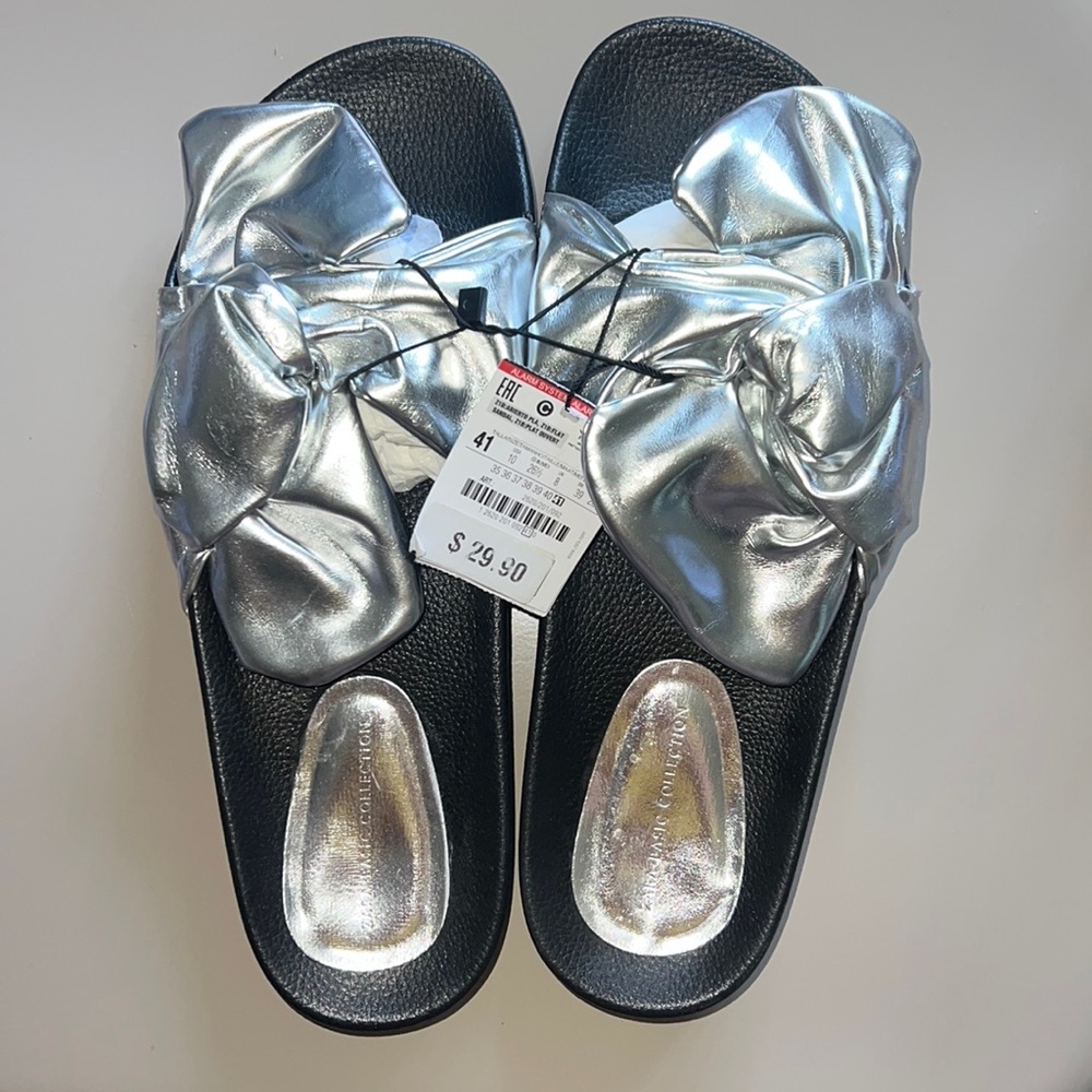“Brand New” Sliver and Black Zara Slippers